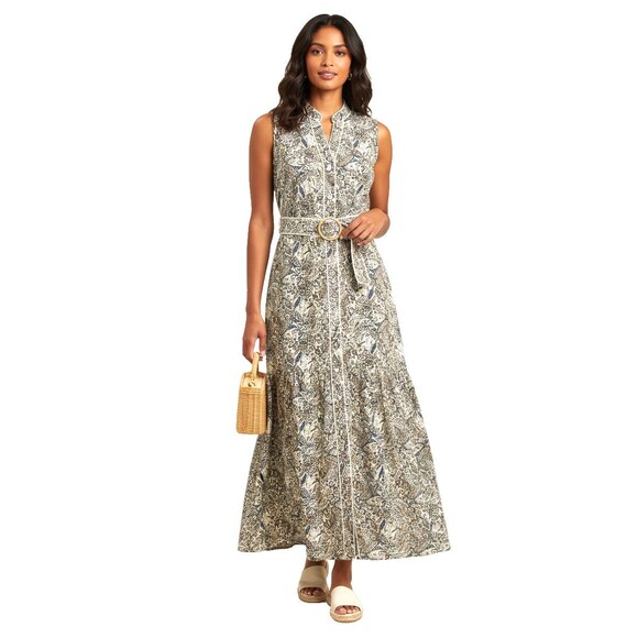 RACHEL ZOE Linen Blend Size M Paisley Floral Maxi Dress Button Up Tiered Ruffle - Picture 1 of 15